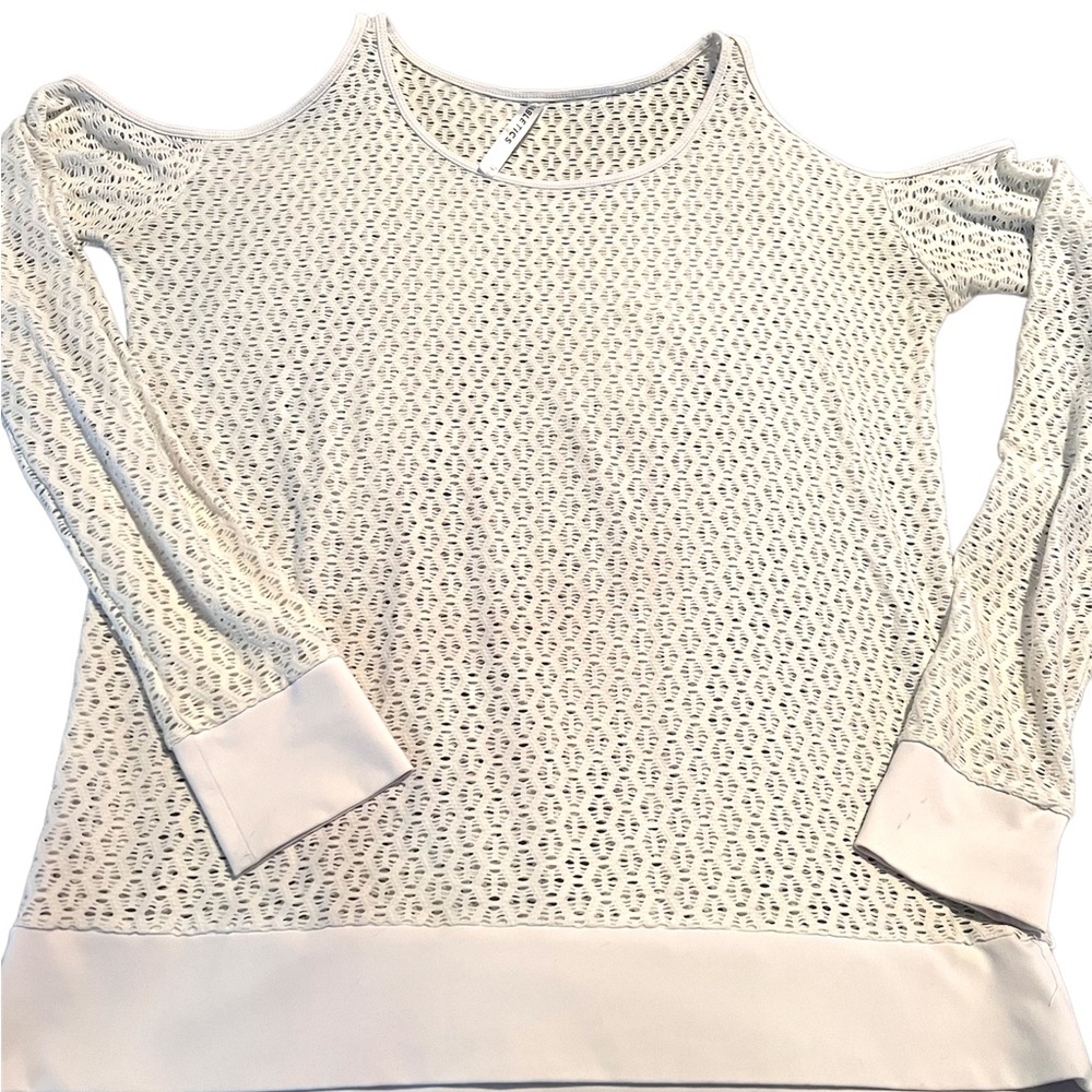 Fabletics cold shoulder mesh white top